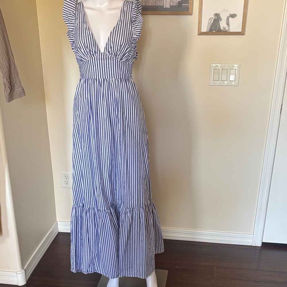 Skies Are Blue Ruffled Sleeve White & Blue Pin Stripe Maxi Dress